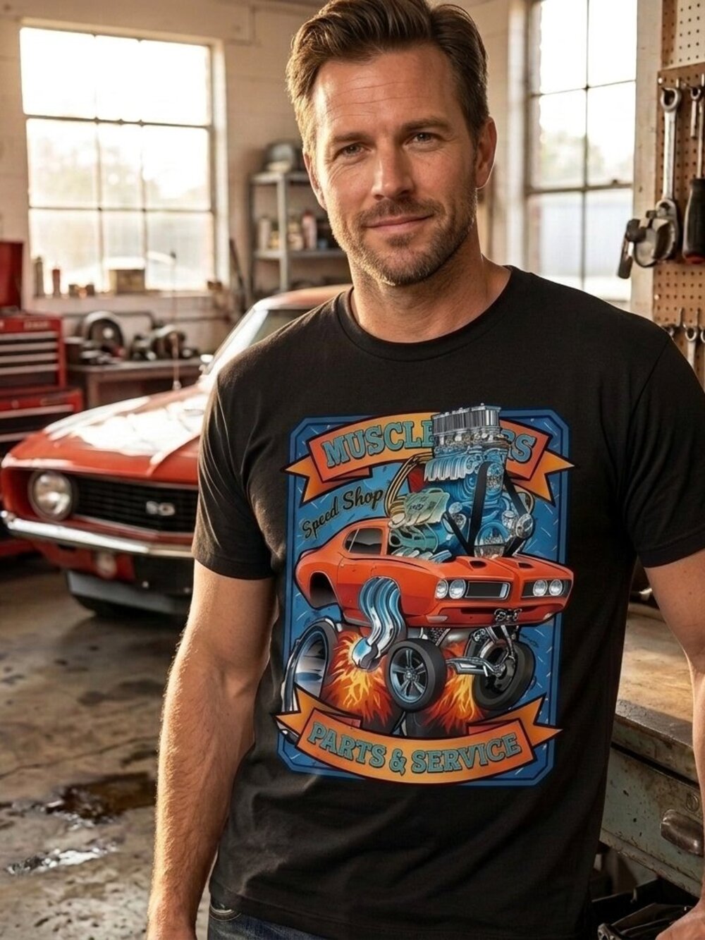 Muscle Shop Garage Graphic Tee • Retro Hot Rod Shirt • Unisex Auto Streetwear